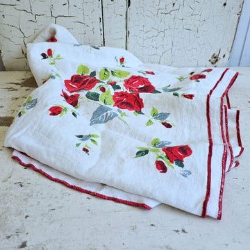 Vintage  Antique Linen Rose Tablecloth