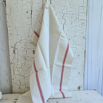 Natural Linen Red French Stripe Dish Towel with Stitched Initials