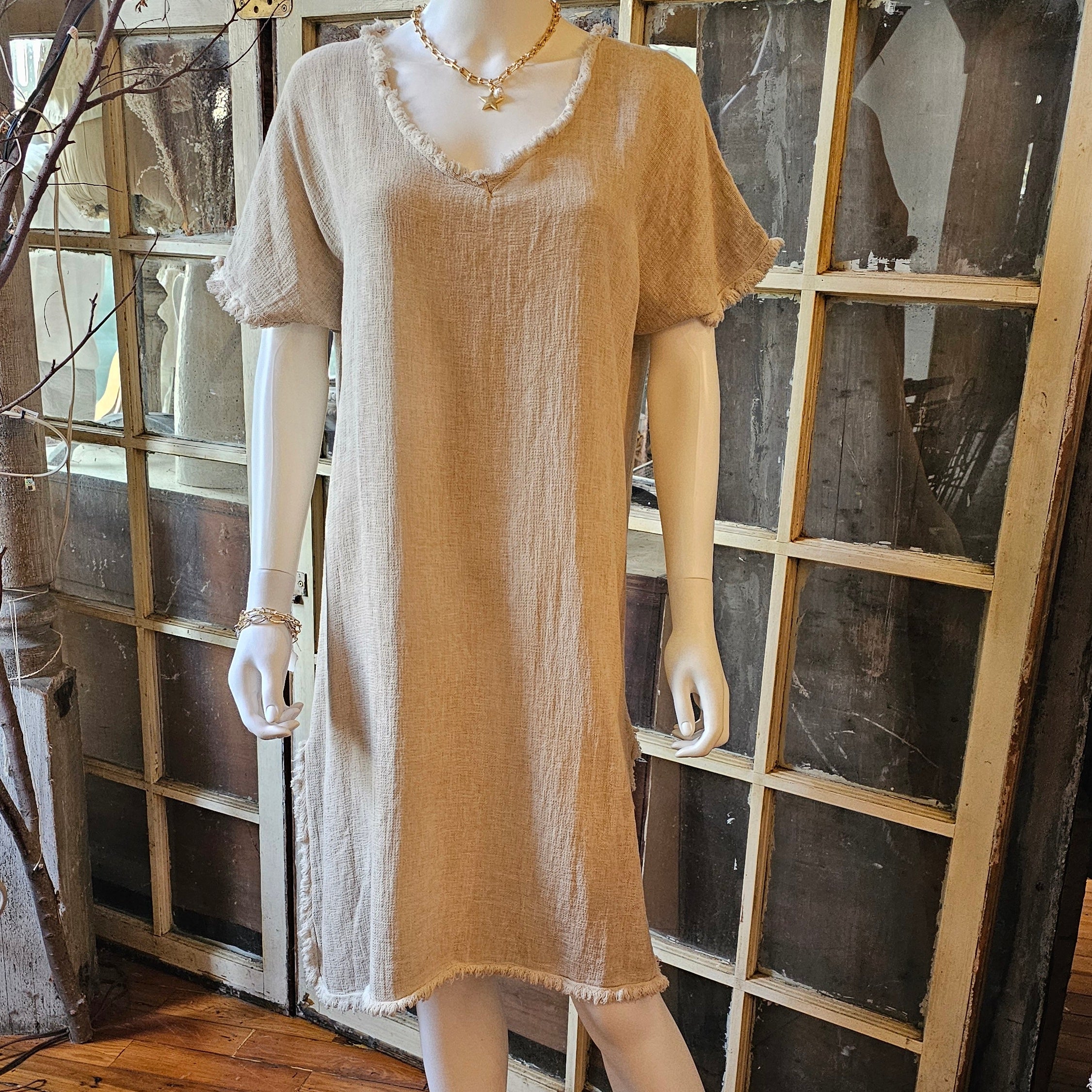 Natural Linen Dress with Fringe ONE SIZE Olde Tyme Marketplace Natural Linen Dress with Fringe ONE SIZE Olde Tyme Marketplace