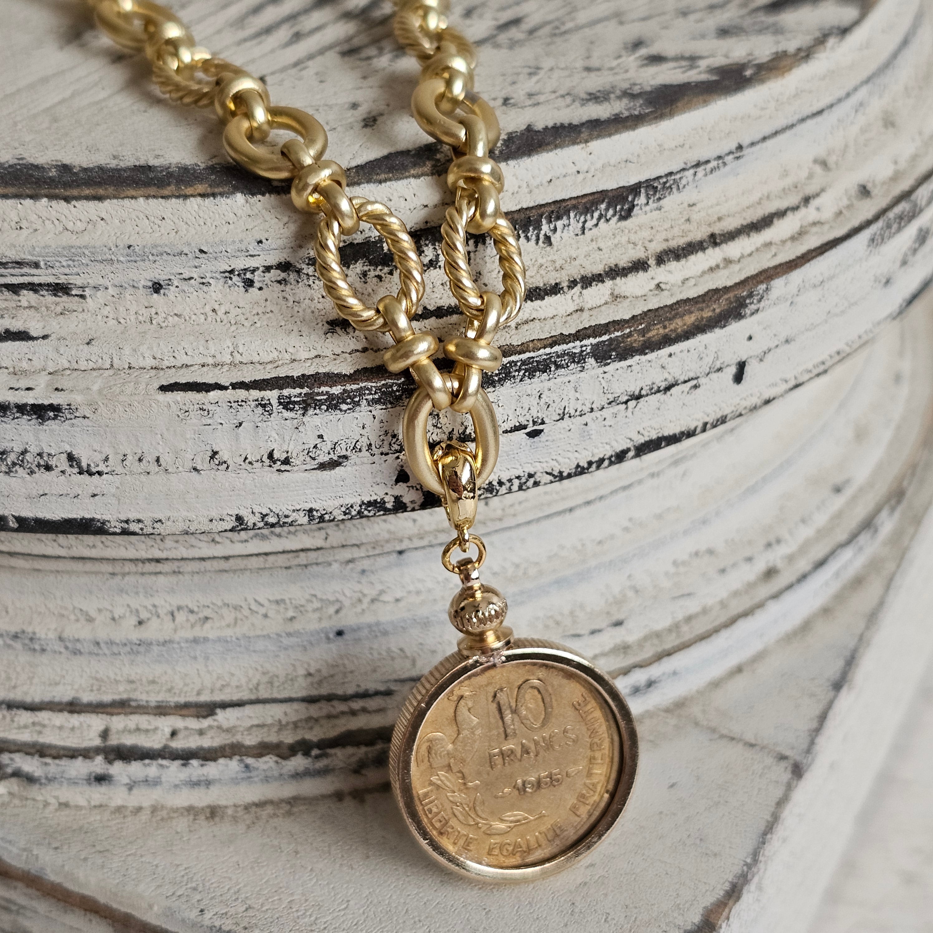 Vintage 1955 Double Sided Rooster series 10 Francs Coin Necklace