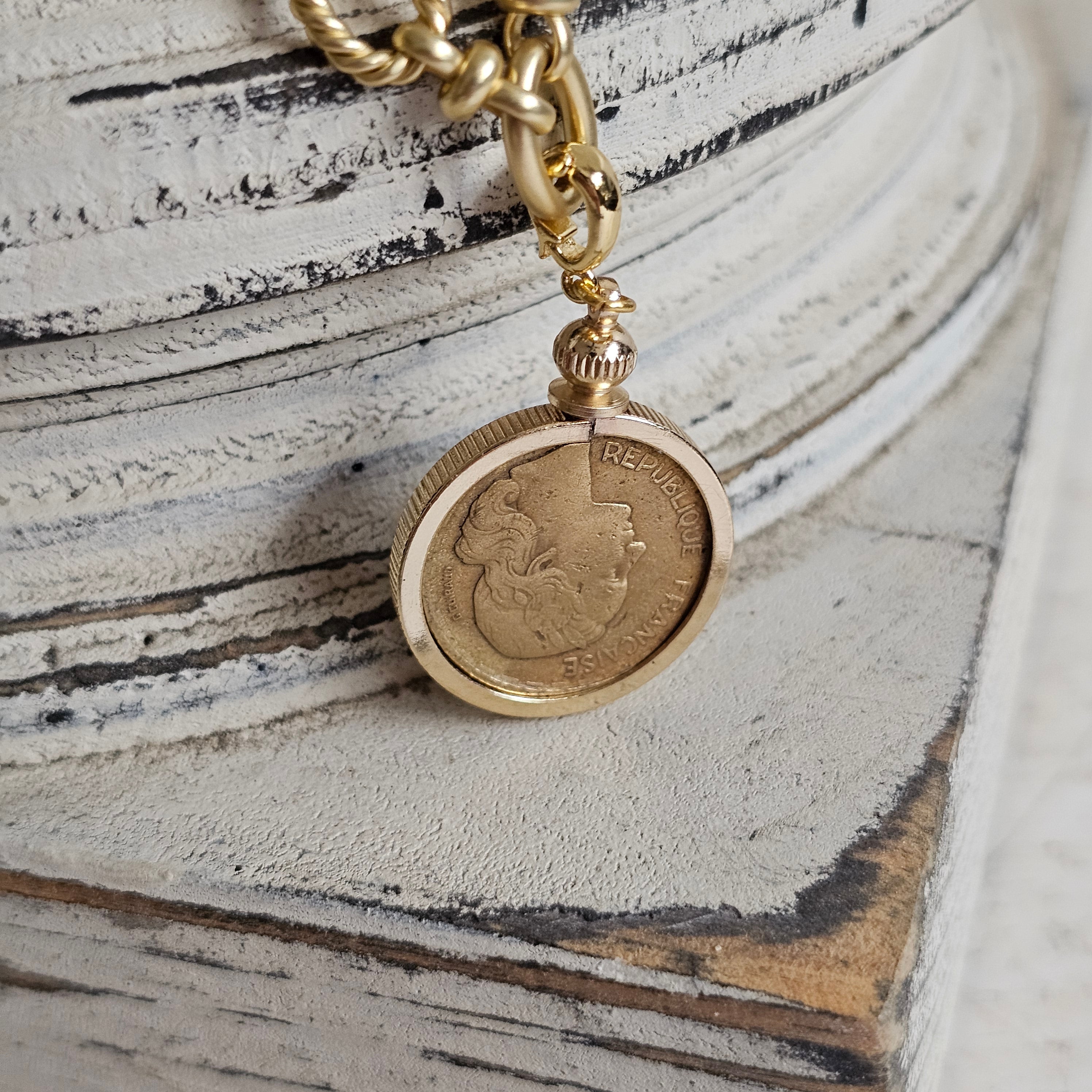 Vintage 1955 Double Sided Rooster series 10 Francs Coin Necklace