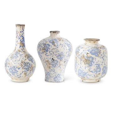 Set of 3 Blue & White Floral Vases