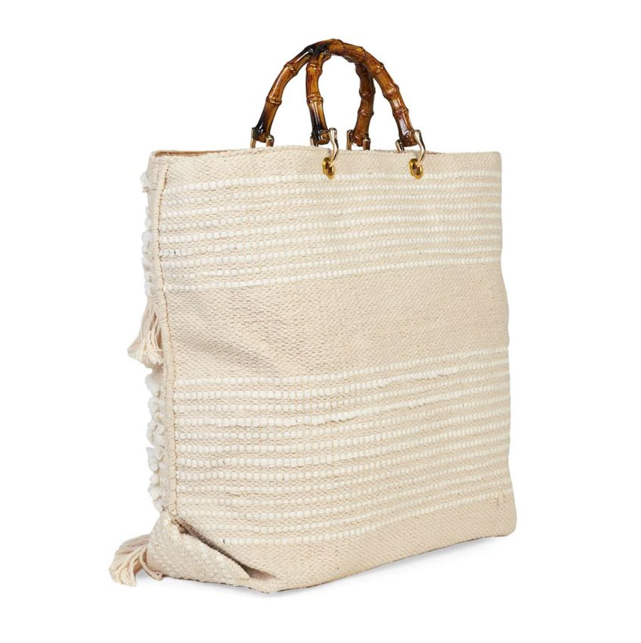 Fringed Tote Bag With Bamboo Handles