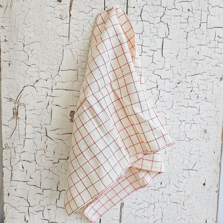 Vintage French Red Check Pattern Linen Dish Towel