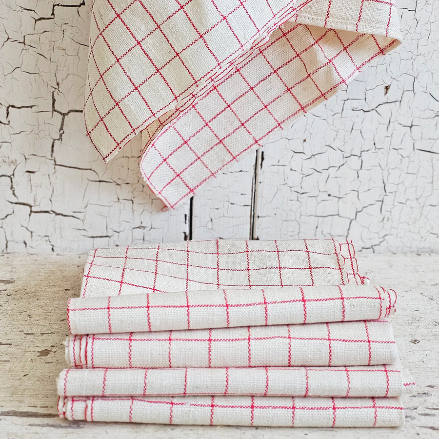 Vintage French Red Check Pattern Linen Dish Towel