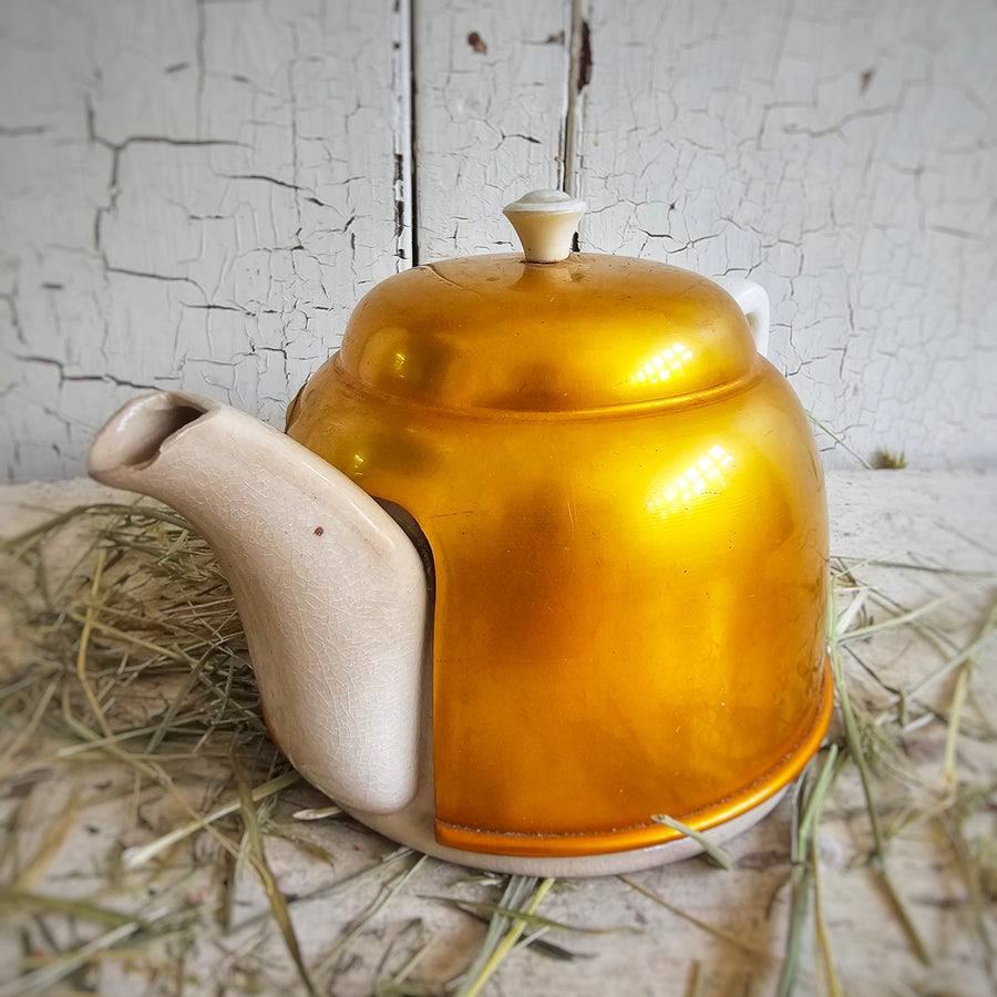 Vintage Ironstone Tea Pot with Copper Cozy
