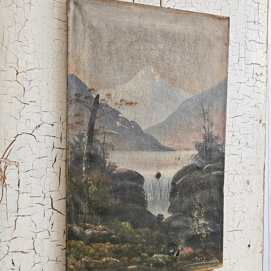 Original Antique Winter Mountain Landscape Painting on Canvas