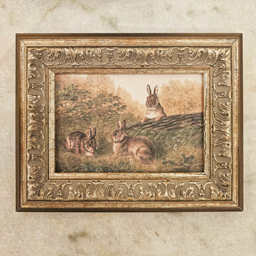 Antique Style Framed Print - Bunnies on a  Log