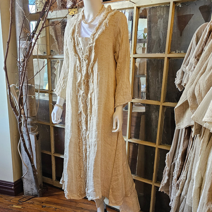 Natural Linen Ruffle Long Jacket / Duster Sm/Med