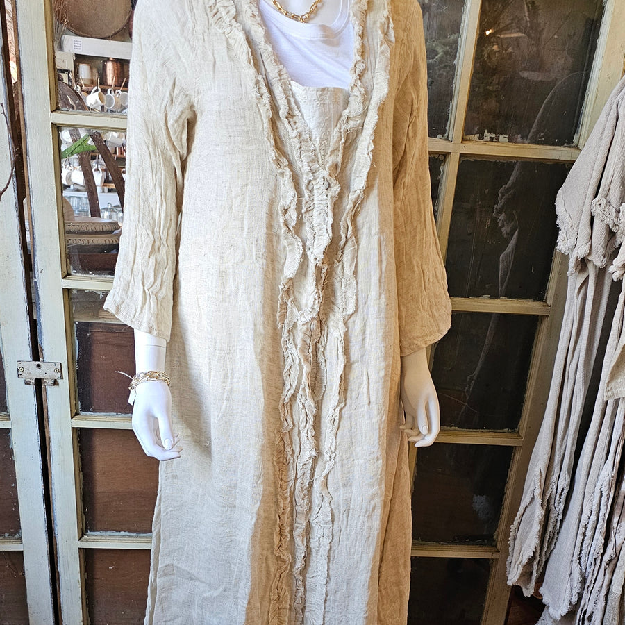 Natural Linen Ruffle Long Jacket / Duster Sm/Med