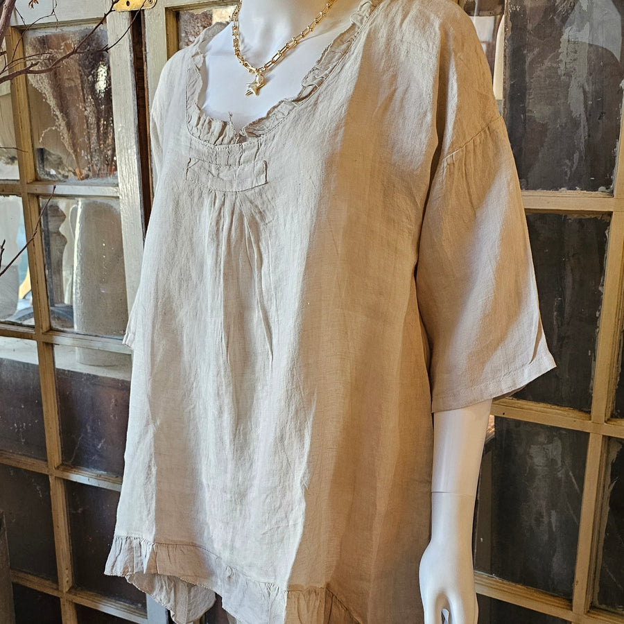 Linen Ruffle Everyday Top Natural LG/XL
