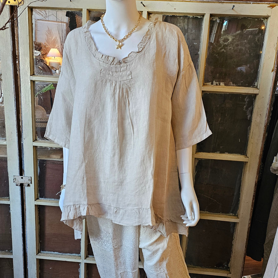 Linen Ruffle Everyday Top Natural LG/XL