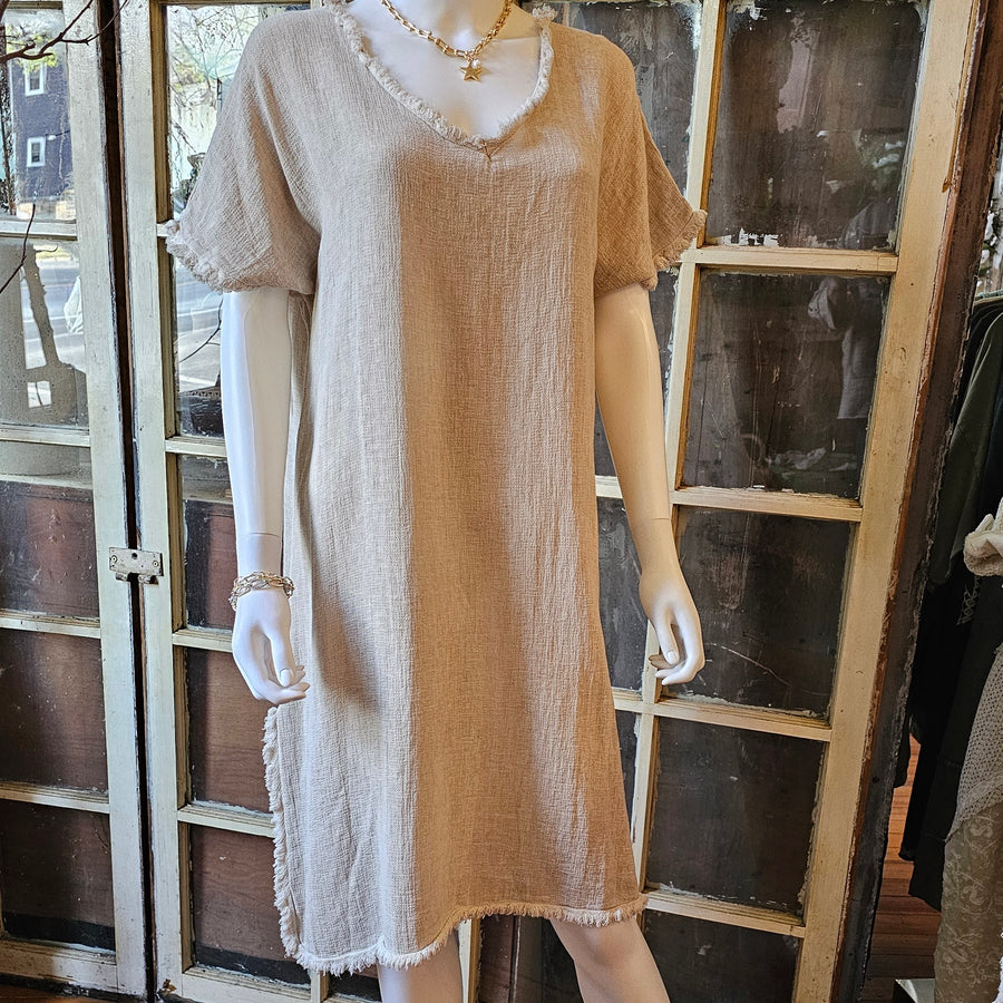 Natural Linen Dress  with Fringe ONE SIZE