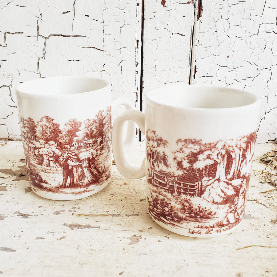 Pair of Vintage Brown Transferware Ironstone Mugs