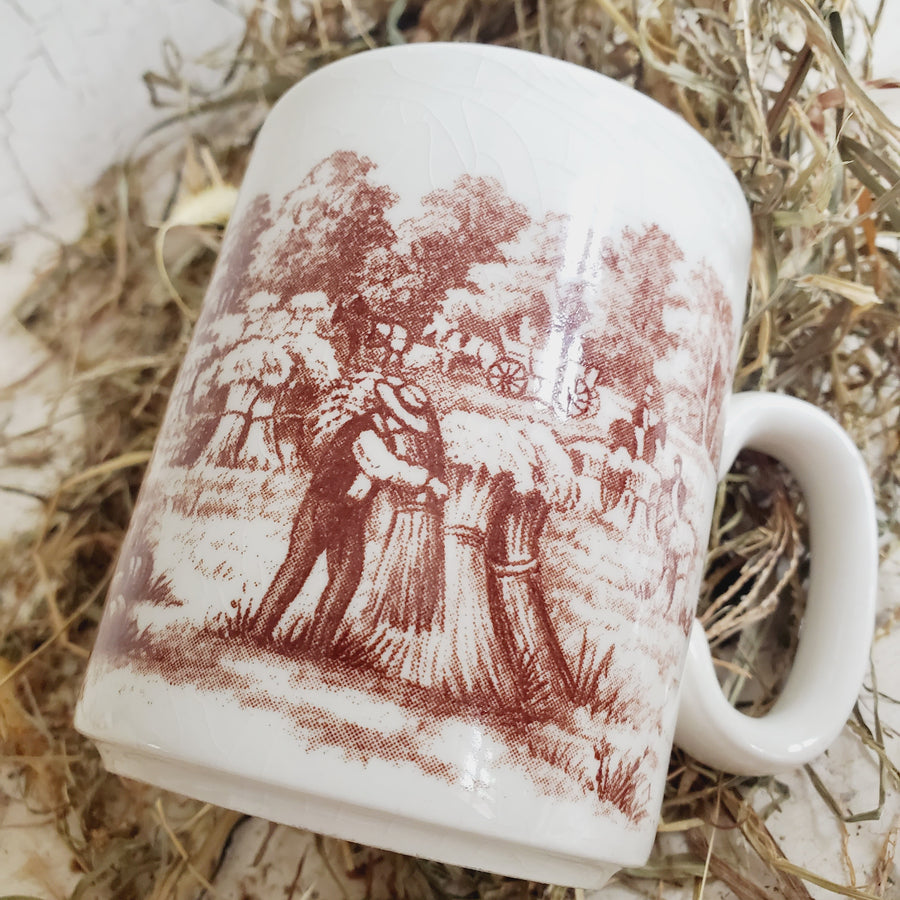 Pair of Vintage Brown Transferware Ironstone Mugs