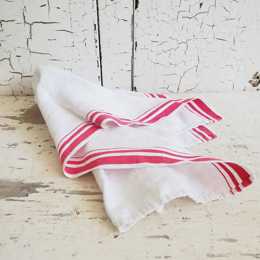 Vintage Red  French Stripe Linen  Dish Towel