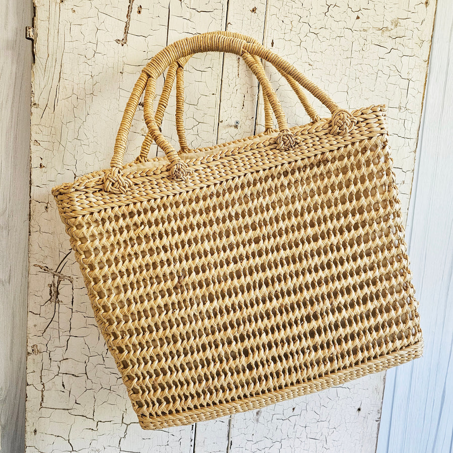 Vintage French Woven Shopping Basket with Handles