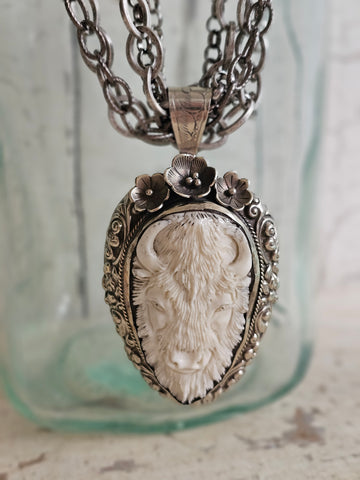 Carved Bone and Mexican Silver Statement Buffalo Head Necklace