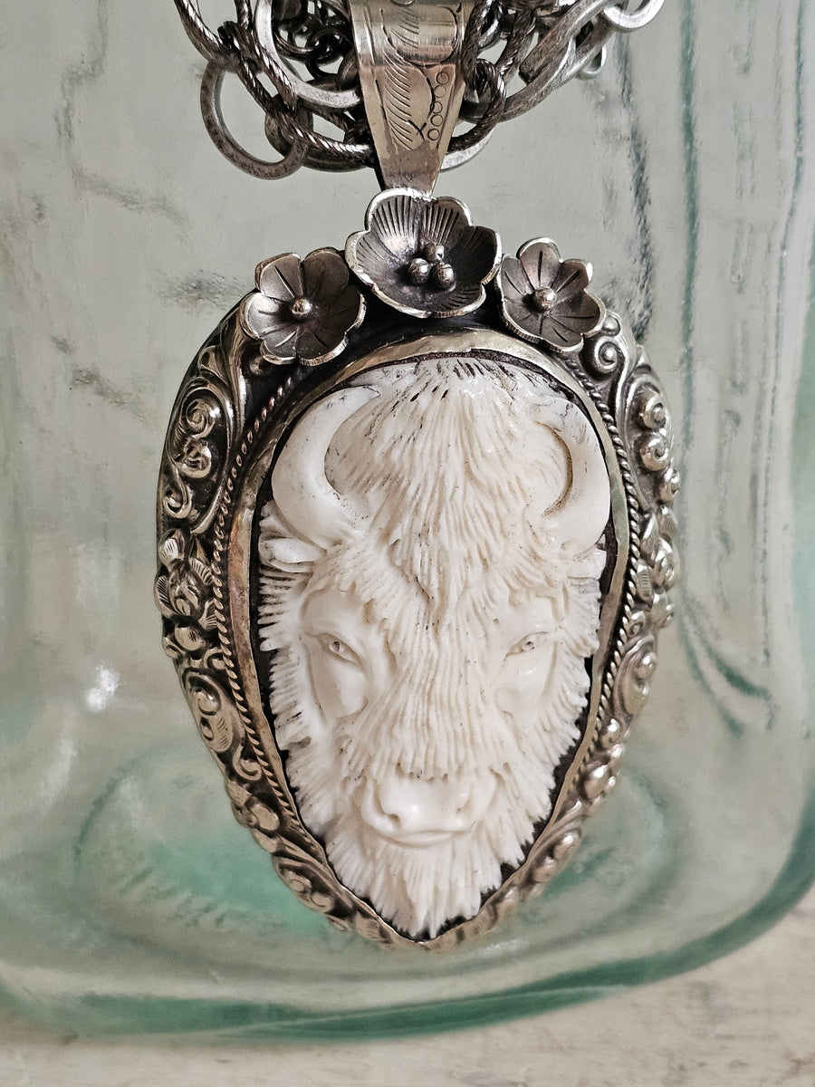 Carved Bone and Mexican Silver Statement Buffalo Head Necklace