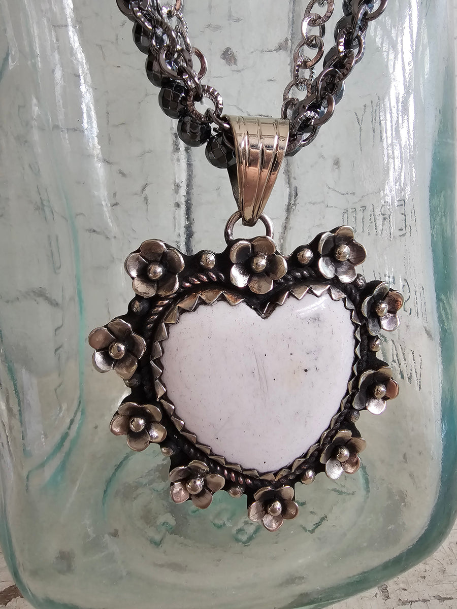 Carved Bone and Mexican Silver Statement Heart Necklace