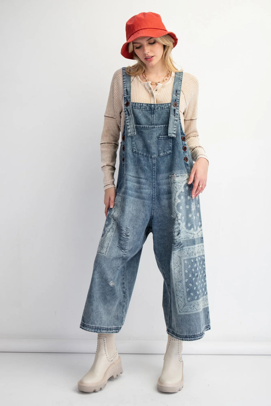 Printed Distressed & Oversized Denim Overalls