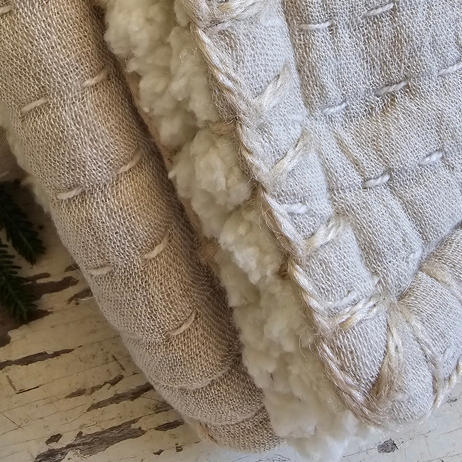 Hand Stitched Cotton & Sherpa Throw - Natural Beige