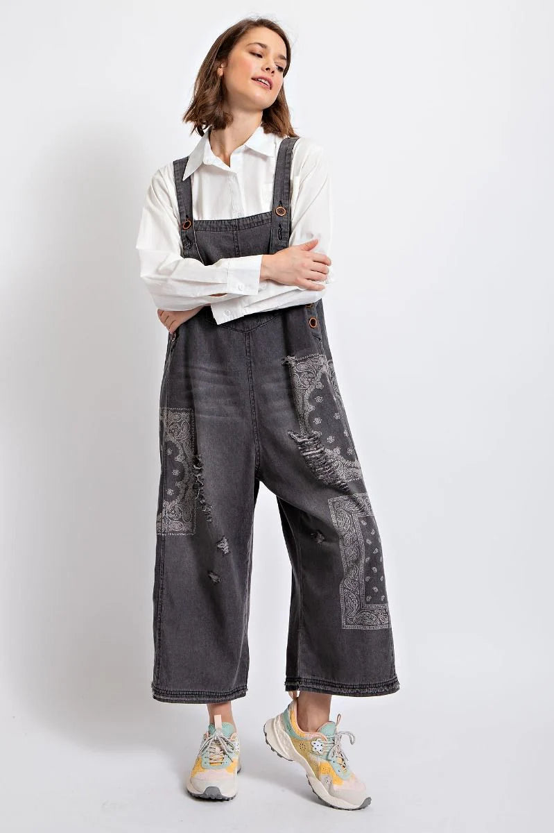 Printed Distressed & Oversized Black Denim Overalls