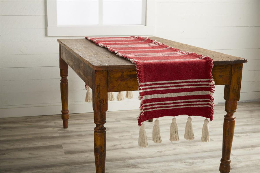 Cream & Red Stripe Ponchaa Runner with Cream Tassels