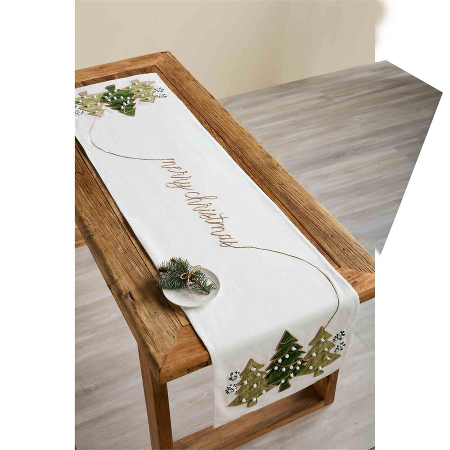 Cotton Embroidered Christmas Tree Runner with PomPom Ornaments