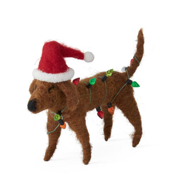 Handmade Felt Wool Figure - Dog with Santa Hat & Lights