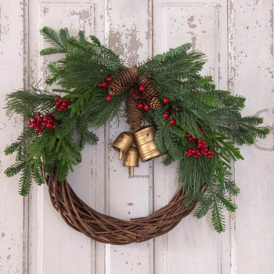Evergreen Wreath with Berries and Brass Bells