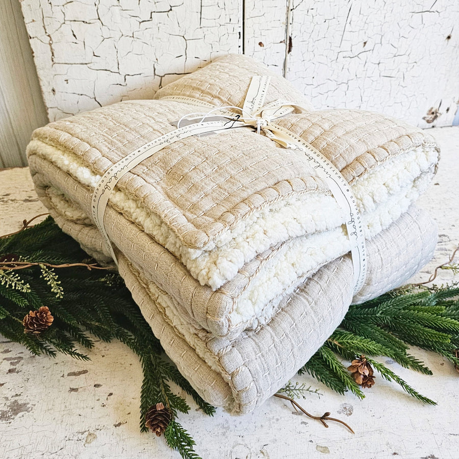 Hand Stitched Cotton & Sherpa Throw - Natural Beige