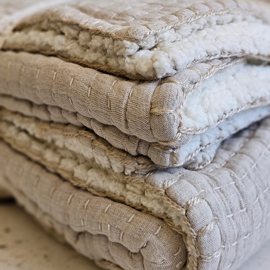 Hand Stitched Cotton & Sherpa Throw - Natural Beige