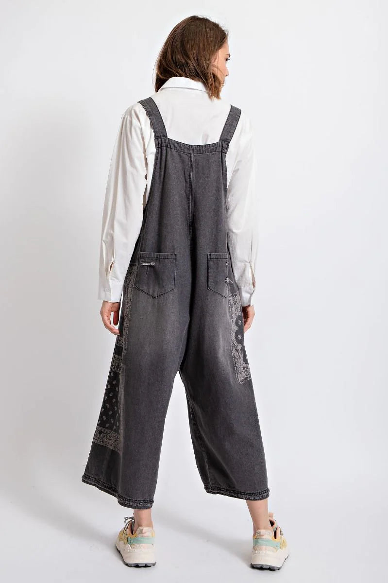 Printed Distressed & Oversized Black Denim Overalls