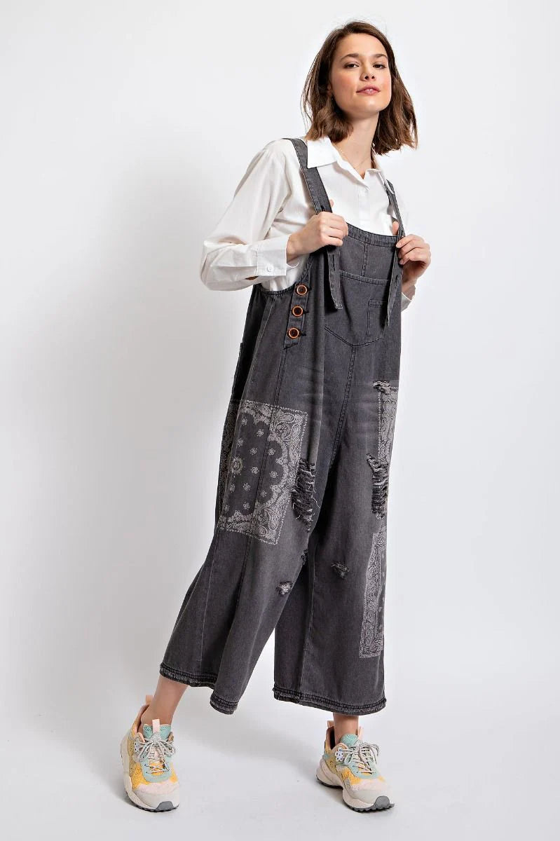 Printed Distressed & Oversized Black Denim Overalls