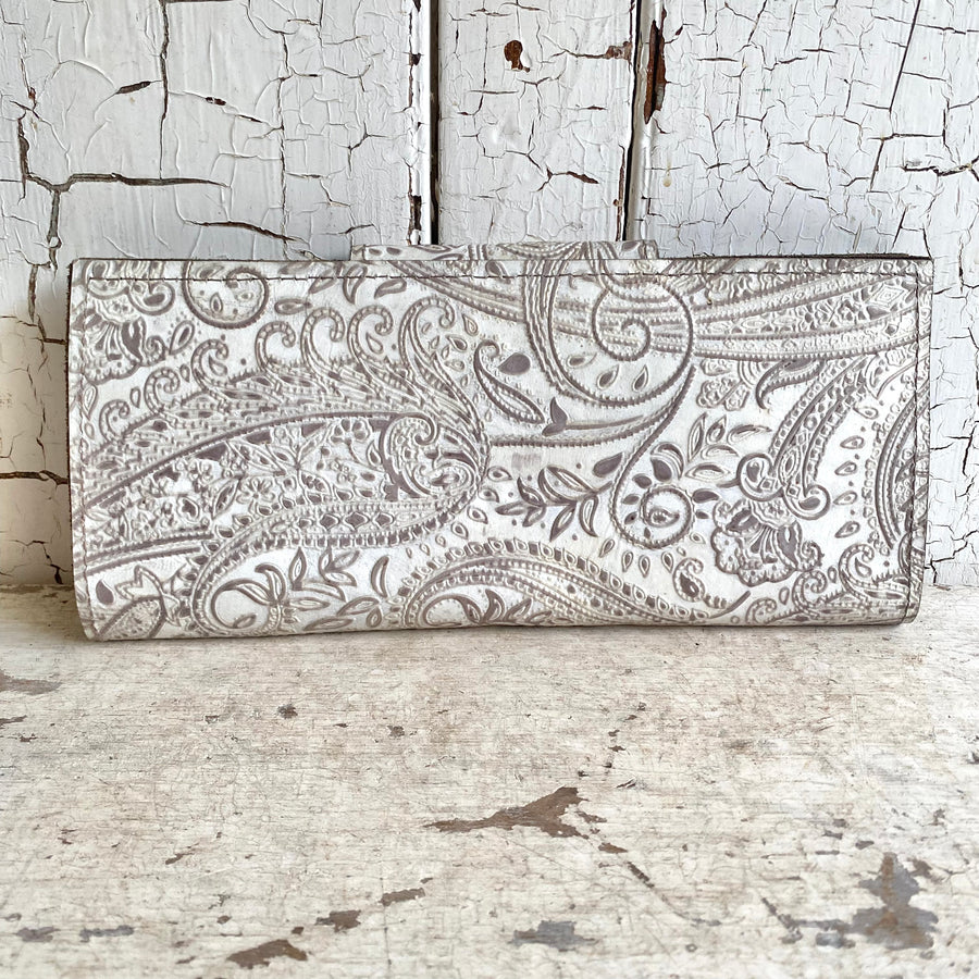 Upcycled Embossed LV Logo White Clutch