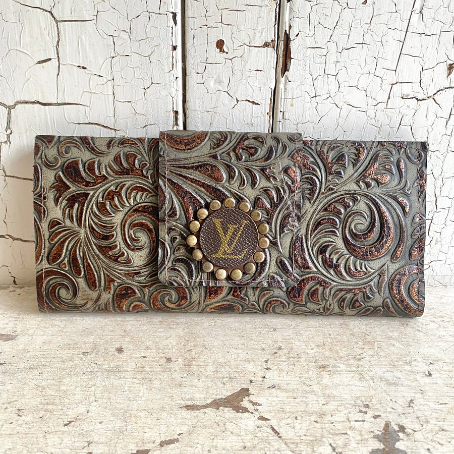 Upcycled Embossed LV Logo Dark Clutch