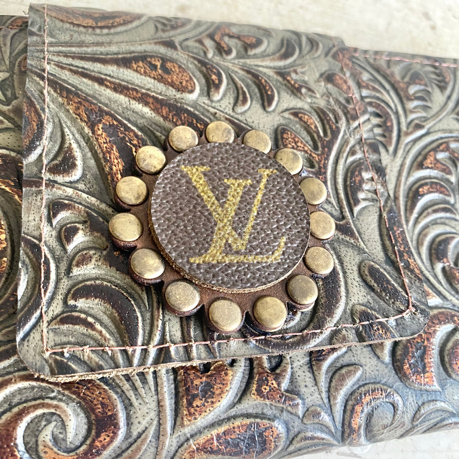 Upcycled Embossed LV Logo Dark Clutch