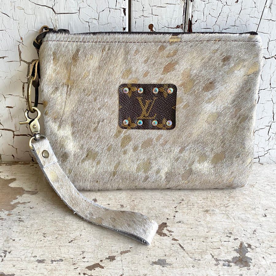 Upcycled LV Logo Cowhide Clutch with Strap