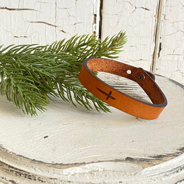 Handmade Stamped Leather Bracelet with Cross