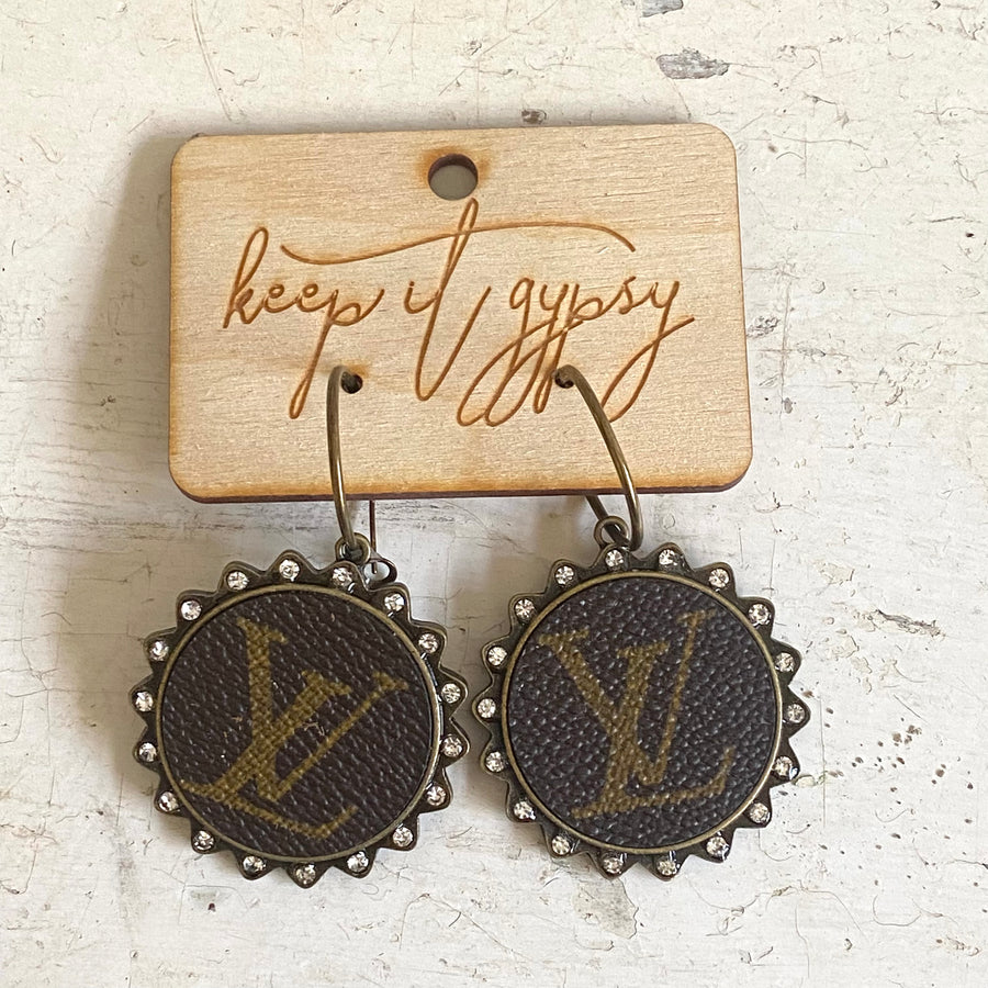 Upcycled LV Logo Dangle Earrings with Studded Edges