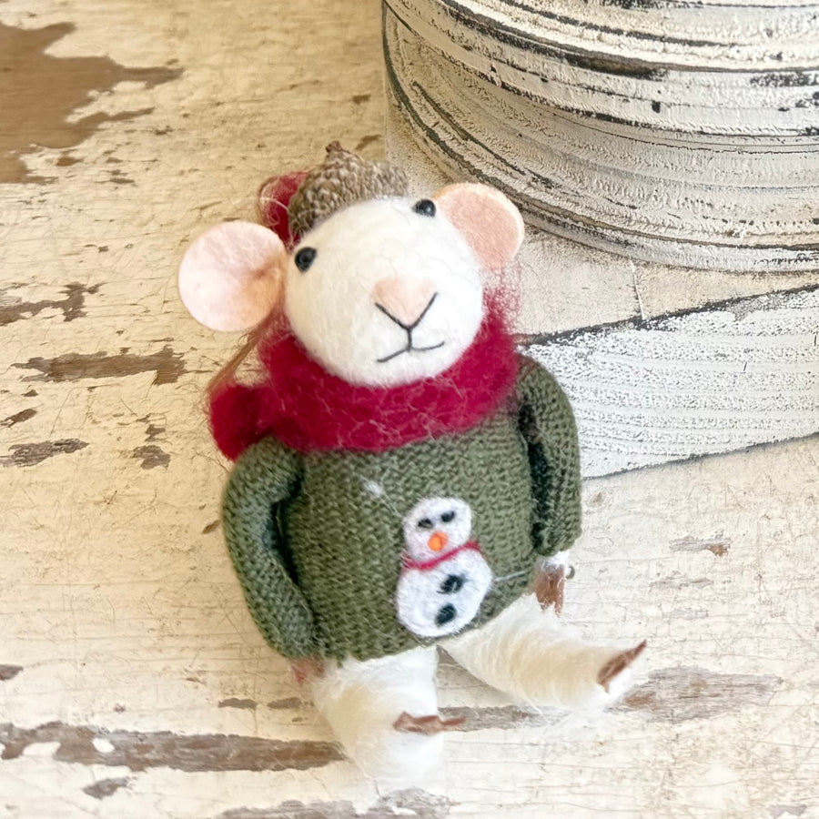 Handmade Felt Wool Ornament - Sweater Mice with Acorn Hat