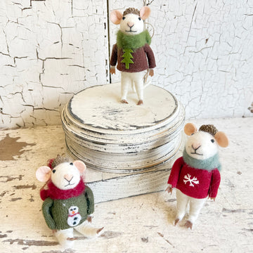 Handmade Felt Wool Ornament - Sweater Mice with Acorn Hat