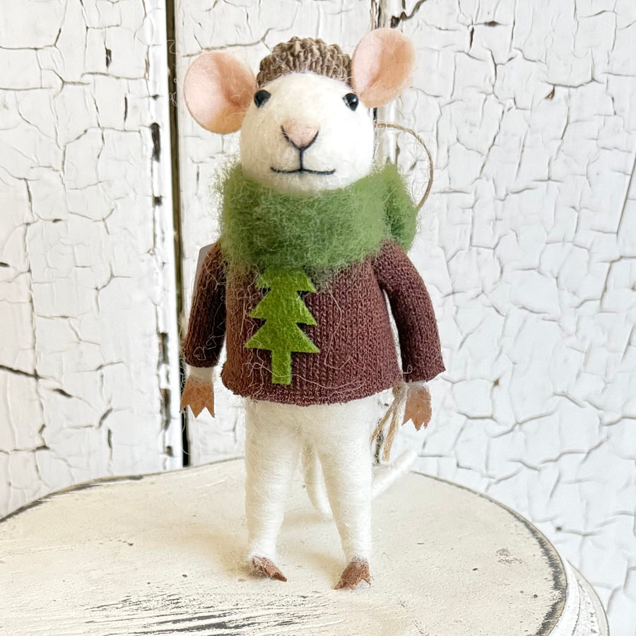 Handmade Felt Wool Ornament - Sweater Mice with Acorn Hat