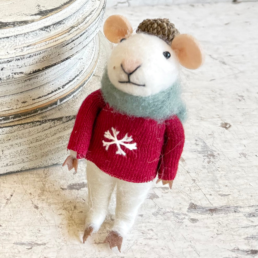 Handmade Felt Wool Ornament - Sweater Mice with Acorn Hat