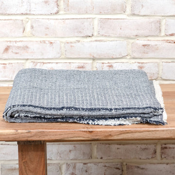 Blue Cotton Throw Blanket with Frayed Edges