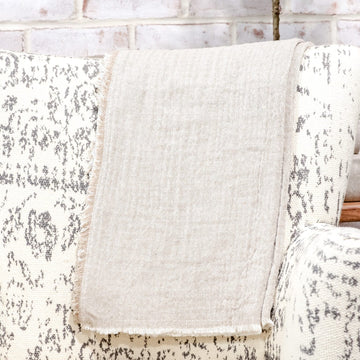 Beige Cotton Throw Blanket with Frayed Edges
