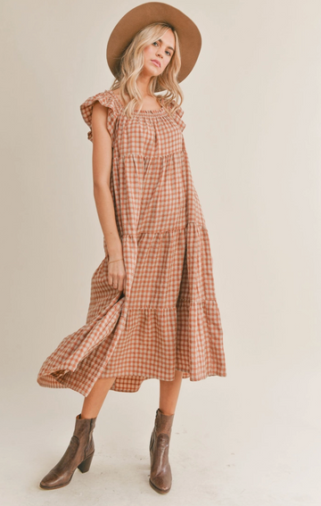 Gingham Ruffle Strap Tiered Dress
