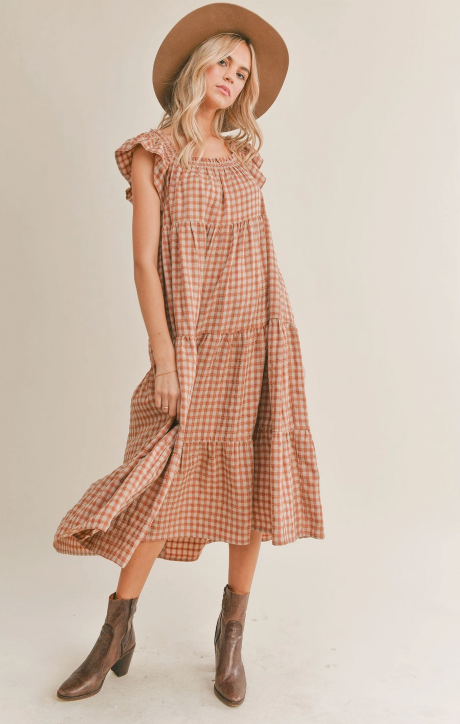 Gingham Ruffle Strap Tiered Dress