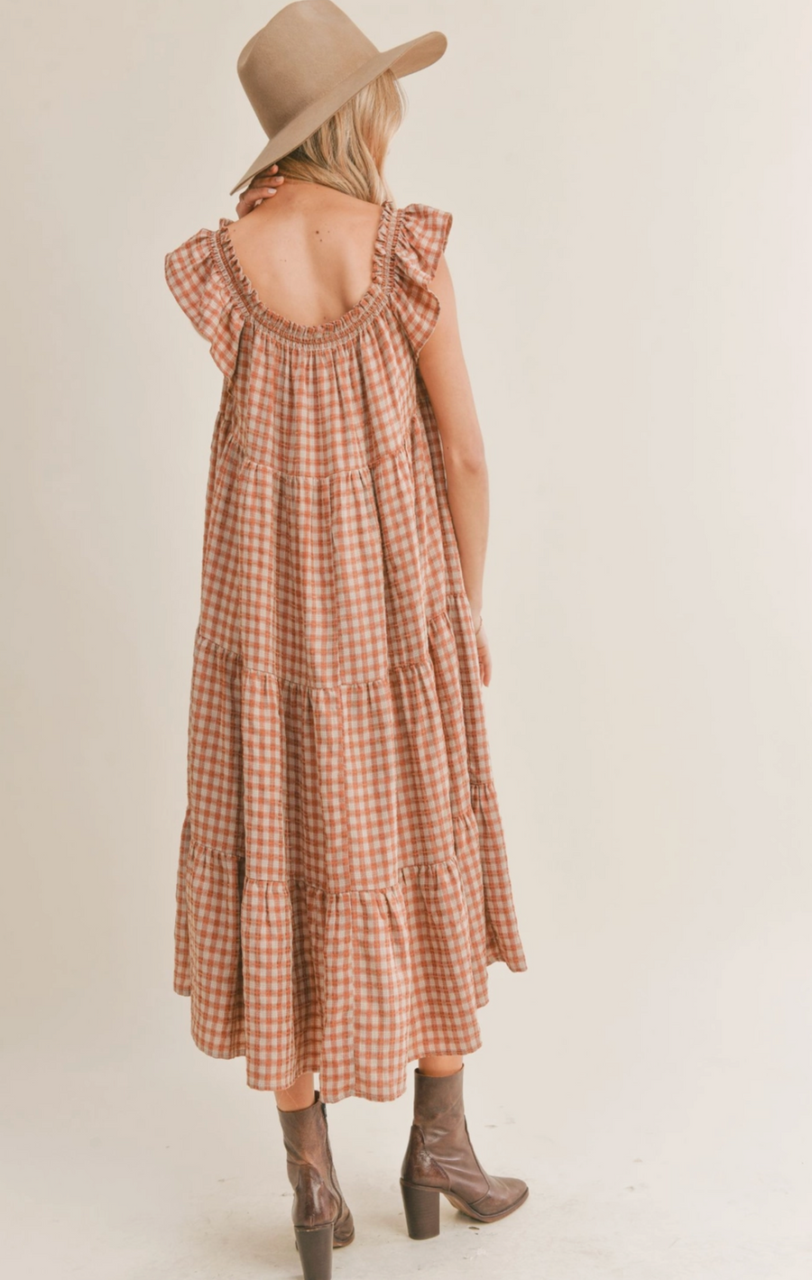 Gingham Ruffle Strap Tiered Dress